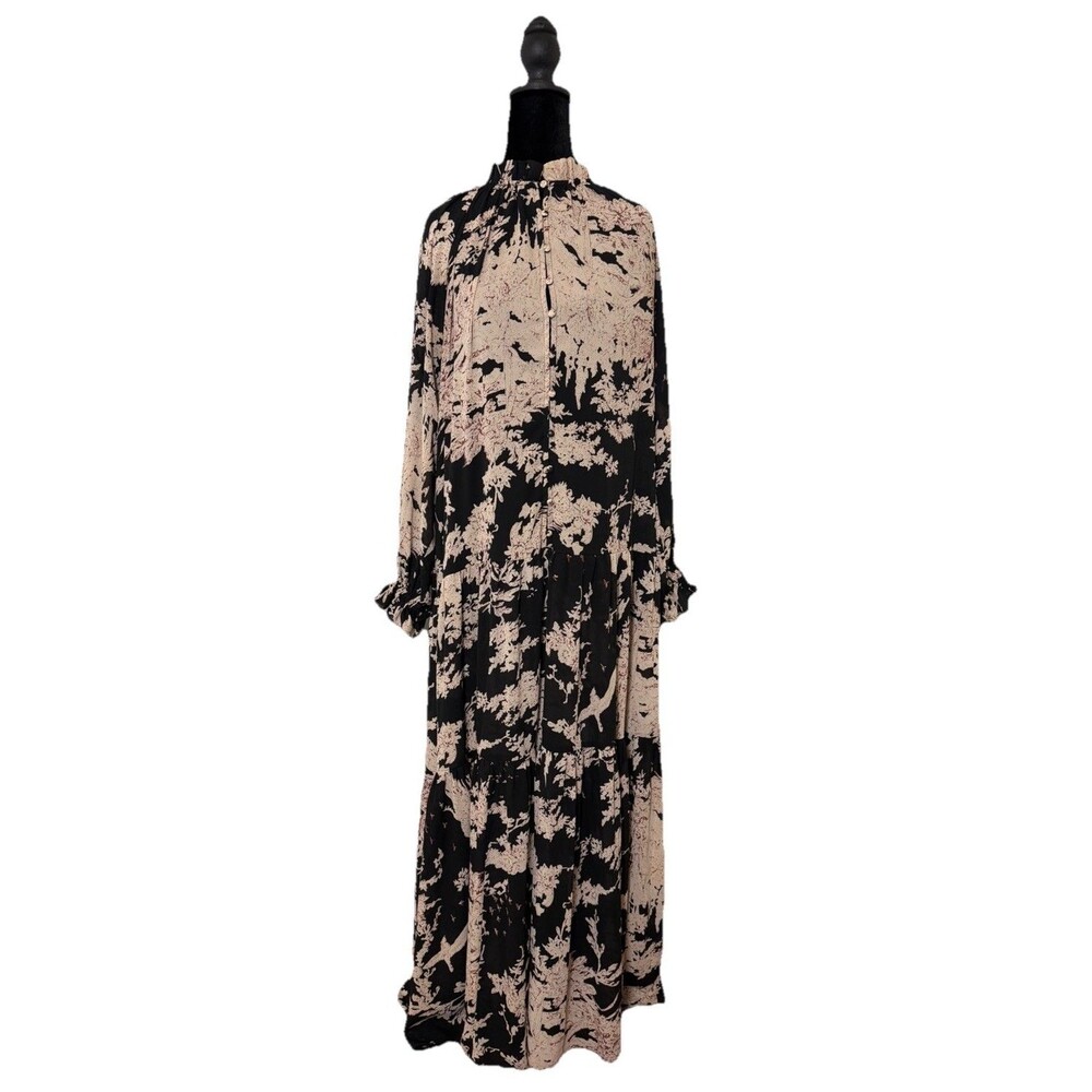 Fate Maxi Dress Floral Airy Tiered Peasant Feminine Black/Brown Sm